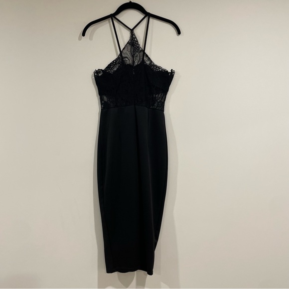 Black midi dress high neck lace cut out top bandeau thin straps size 4 open back - Picture 6 of 6